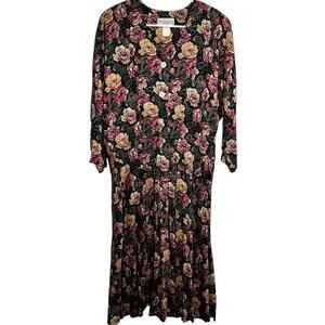 Vintage ED Michaels Midi Dress Shift 80s 3/4 Sleeves Pleated Floral Black 13-14P